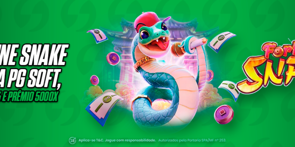 Análise do Slot Fortune Snake. Banner promocional do SeuBet com a personagem cobra usando boné vermelho, corrente de ouro e segurando um microfone, destacando a disponibilidade de demonstração da PG Soft com RTP de 96,75% e prêmio de 5000x para cassino online.