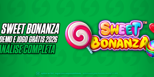 Análise do Slot Sweet Bonanza. Banner promocional do SeuBet com o logotipo oficial do jogo e ilustrações de doces e frutas, destacando a disponibilidade de demonstração grátis e análise completa para cassino online.