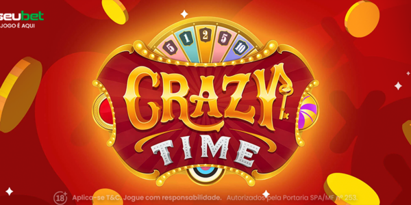 Banner promocional do game show de cassino ao vivo Crazy Time da SeuBet. A ilustração destaca o vibrante logotipo do jogo em estilo de circo com letras douradas e vermelhas, posicionado logo abaixo do topo de uma roleta colorida de prêmios. O cenário de fundo é um vermelho intenso e festivo, com várias moedas de ouro flutuando ao redor da arte. Imagem focada na matéria de análise técnica e review.