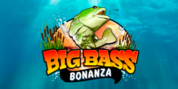 Banner promocional do jogo de slot Big Bass Bonanza. A imagem destaca um grande robalo verde (bass) saltando da água, com a boca aberta para pegar a isca. O logotipo do jogo está centralizado abaixo do peixe, em letras coloridas, com plantas aquáticas ao fundo. Tudo isso sobre um cenário de fundo que imita o fundo do mar em tons de azul cristalino, focado na análise técnica e review para cassino online.