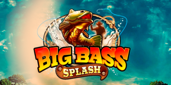 Banner promocional do jogo de slot Big Bass Splash. A ilustração destaca um peixe dourado saltando da água, com a silhueta de um pescador ao fundo em uma moldura circular que imita um laço. O logotipo do jogo está centralizado abaixo do peixe, em letras coloridas, com uma placa de madeira para a palavra "Splash". Tudo isso sobre um cenário de paisagem natural americana com montanhas, focado na análise técnica e review para cassino online.
