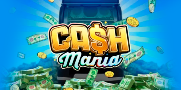 Banner promocional do jogo de slot Cash Mania. A ilustração destaca o logotipo do jogo com letras douradas e brilhantes em 3D, cercado por grandes pilhas de notas de dinheiro verde e moedas de ouro flutuando ao redor. O cenário de fundo apresenta um tom de azul vibrante com raios de luz convergentes, focado na matéria de análise técnica e review para cassino online.