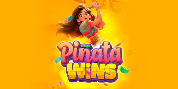 Banner promocional do jogo de slot Piñata Wins. A ilustração destaca uma personagem feminina animada em estilo cartoon, segurando um bastão com as duas mãos, prestes a quebrar uma pinhata. Ela está posicionada acima do logotipo 3D colorido do jogo, em um fundo amarelo vibrante decorado com confetes e bandeirinhas temáticas de festa mexicana, focado na análise técnica e review do cassino online.