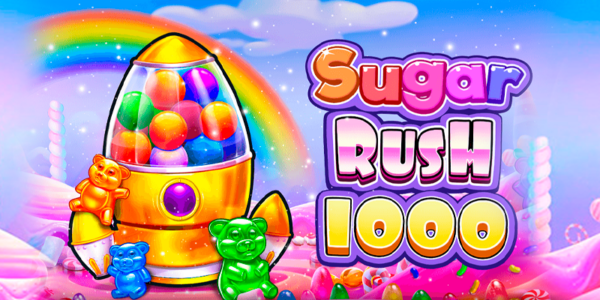 Banner promocional do jogo de slot Sugar Rush 1000. A ilustração exibe um cenário de fantasia repleto de doces, com montanhas de glacê rosa e um arco-íris ao fundo. Em destaque, o logotipo colorido do jogo está posicionado ao lado de uma máquina de chicletes em formato de foguete espacial, acompanhada por ursinhos de goma coloridos (amarelo, azul e verde). Imagem focada na análise técnica e review para cassino online.