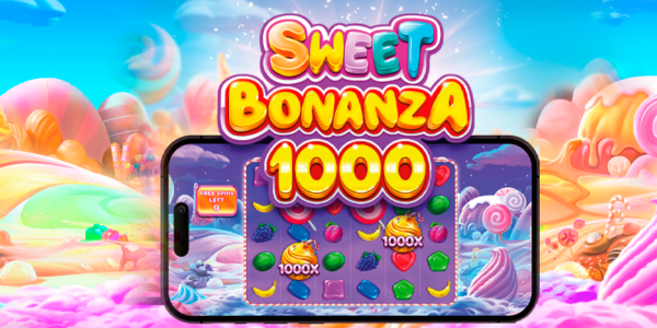Banner promocional do jogo de slot Sweet Bonanza 1000. A ilustração exibe o logotipo vibrante do jogo centralizado sobre a tela de um smartphone, mostrando a interface da partida com símbolos de frutas, doces e bombas multiplicadoras de 1000x. O cenário de fundo é uma paisagem de fantasia colorida, repleta de pirulitos, sorvetes e montanhas de glacê, com foco na análise técnica e review do cassino online.