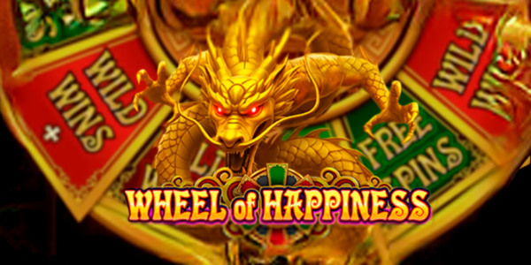 Banner promocional do jogo de slot Wheel of Happiness. A ilustração destaca um imponente dragão chinês dourado com olhos vermelhos brilhantes, posicionado à frente de uma roleta colorida de prêmios que exibe opções como "Wild Wins" e "Free Spins". O logotipo do jogo está centralizado na parte inferior sobre um fundo escuro, com foco na matéria de análise técnica e review para cassino online.