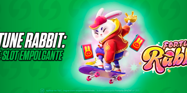 Análise do Slot Fortune Rabbit. Banner promocional do SeuBet com o personagem coelho andando de skate e vestindo jaqueta vermelha, destacando o empolgante jogo de slot para cassino online.