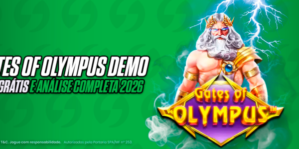 Análise do Slot Gates of Olympus. Banner promocional da SeuBet com o personagem Zeus e o logotipo oficial do jogo, destacando a disponibilidade de demonstração grátis e avaliação completa para cassino online.