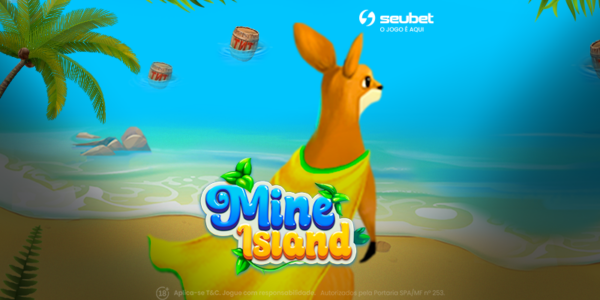 Banner promocional do jogo de cassino online Mine Island na plataforma Seubet. No centro, destaca-se a ilustração de um canguru usando uma regata amarela, olhando para o mar em uma praia tropical. Ao fundo, o cenário de ilha paradisíaca exibe coqueiros, areia clara e barris de TNT flutuando sobre as ondas azuis. À direita, um tucano repousa sobre uma prancha de surfe. O título "Mine Island" aparece em letras vibrantes com detalhes de folhas verdes. No topo central, encontra-se o logotipo da Seubet. Arte focada em análise de jogos instantâneos (mines) com temática de aventura.