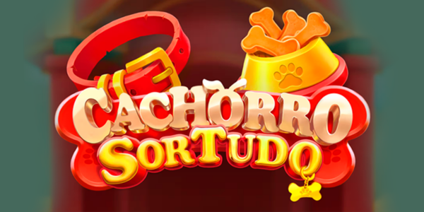 Banner promocional do jogo de slot Cachorro Sortudo. A ilustração em 3D destaca o logotipo vibrante do jogo, adornado por uma coleira vermelha com fivela dourada de um lado e uma tigela de ouro cheia de biscoitos em formato de osso do outro. Uma pequena tag dourada em formato de osso está pendurada na última letra "O". O cenário de fundo traz uma casinha de cachorro vermelha levemente desfocada sobre um tom verde suave. Imagem focada na matéria de análise técnica e review para cassino online.