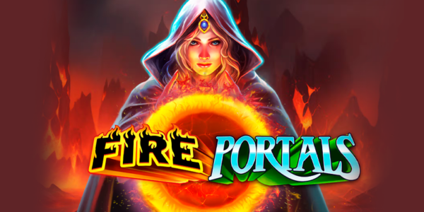 Banner promocional do jogo de slot Fire Portals. A ilustração destaca uma misteriosa feiticeira encapuzada com uma joia azul na testa, conjurando um grande portal de fogo brilhante com as mãos. O logotipo do jogo cruza o centro da imagem, com a palavra "FIRE" em tons quentes e chamas, e "PORTALS" em um tom frio de azul e verde neon. O cenário de fundo exibe uma paisagem vulcânica escura com lavas ardentes. Imagem focada na matéria de análise técnica e review para cassino online.