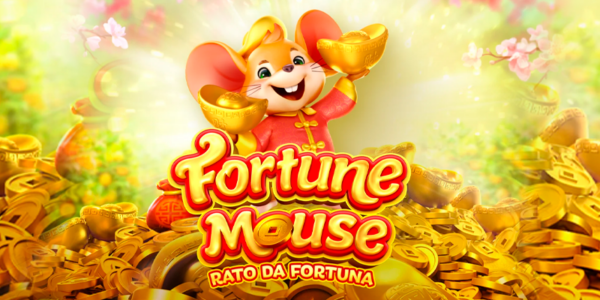 Banner promocional do jogo de slot Fortune Mouse. A ilustração em 3D destaca um simpático ratinho sorridente vestindo trajes tradicionais chineses vermelhos, segurando lingotes de ouro em ambas as mãos. O logotipo vibrante do jogo aparece no centro com o subtítulo "Rato da Fortuna" logo abaixo. O primeiro plano está repleto de uma montanha de moedas chinesas e lingotes de ouro, enquanto o fundo luminoso exibe um pomar verdejante com laranjeiras e flores rosadas. Imagem focada na matéria de análise técnica e review para cassino online.