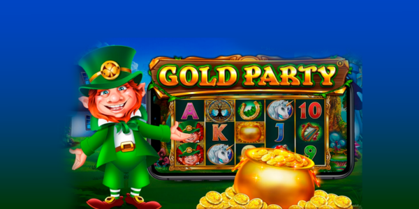 Banner promocional do jogo de slot Gold Party. A ilustração destaca um leprechaun sorridente vestido com seu clássico traje verde, apontando para a interface do jogo que é exibida na tela de um smartphone na horizontal. Em primeiro plano, há um grande pote dourado transbordando moedas de ouro. O fundo apresenta um degradê suave de azul para verde, focado na matéria de análise técnica e review para cassino online.