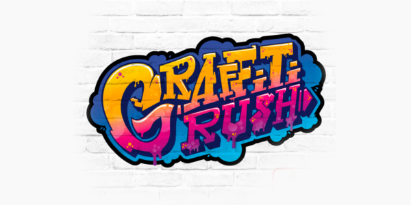 Banner promocional do jogo de slot Graffiti Rush. A ilustração destaca o logotipo do jogo em um vibrante estilo de arte urbana (graffiti), com letras em degradê brilhante de amarelo, rosa e roxo, detalhes de tinta escorrendo e um fundo azul que simula uma nuvem de spray. O desenho está estampado centralizado sobre um fundo de textura de parede de tijolos brancos. Arte focada na matéria de análise técnica e review para cassino online.