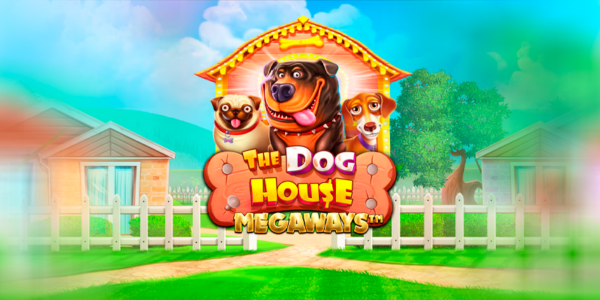 Banner promocional do jogo de slot The Dog House Megaways. A ilustração destaca três cachorros animados (um pug, um rottweiler sorridente e um dachshund) espiando de dentro de uma casinha de cachorro com teto iluminado. O logotipo do jogo repousa sobre uma placa de madeira em formato de osso, com a letra "S" em formato de cifrão e a palavra "MEGAWAYS" em letras douradas logo abaixo. O cenário de fundo exibe um bairro suburbano ensolarado, com gramados verdes, cercas brancas e casas com as bordas laterais suavemente desfocadas. Arte focada na matéria de análise técnica e review para cassino online.