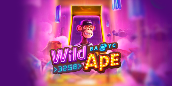 Banner promocional do jogo de slot Wild Ape #3258. A ilustração destaca um macaco com visual inspirado na famosa coleção Bored Ape Yacht Club (BAYC), usando boné preto e camisa listrada, posicionado dentro de um portal luminoso. O logotipo vibrante do jogo mistura neon rosa na palavra "Wild", um letreiro de lâmpadas clássico em "Ape" e números digitais em "#3258". O fundo apresenta uma paisagem surreal e esfumaçada em tons de roxo e rosa. Imagem focada na matéria de análise técnica e review para cassino online.