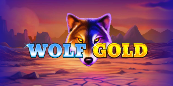 Banner promocional do jogo de slot Wolf Gold. A ilustração destaca o rosto de um lobo no centro, com um efeito de iluminação dividido: metade em tons quentes de laranja e a outra metade em tons frios de roxo e azul. O logotipo do jogo sobrepõe a imagem, com a palavra "WOLF" em letras azuis brilhantes e "GOLD" em letras douradas e texturizadas. O cenário de fundo apresenta uma paisagem desértica com solo rachado e montanhas sob um céu de pôr do sol vibrante, com as laterais da imagem esfumaçadas em azul escuro. Arte focada na matéria de análise técnica e review para cassino online.