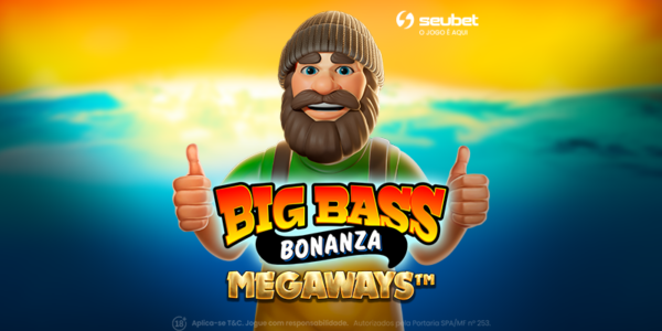 Banner promocional para análise do jogo de cassino online Big Bass Bonanza Megaways na plataforma Seubet. No centro, destaca-se a ilustração do famoso pescador barbudo de gorro marrom, sorridente e fazendo sinal de positivo com as duas mãos. Logo abaixo, o título do jogo aparece em cores vibrantes (laranja, azul e dourado). O cenário de fundo exibe o oceano azul profundo sob a luz intensa de um sol brilhante no horizonte. No topo central, encontra-se o logotipo da Seubet. Arte focada em reviews de caça-níqueis (slots) com temática de pescaria.