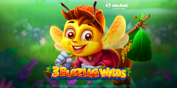 Banner promocional do jogo de cassino online 3 Buzzing Wilds na plataforma Seubet. No centro, destaca-se a carismática ilustração 3D de uma abelha sorridente vestida com uma blusa rosa, carregando uma trouxa de folha verde cheia de mel em um galho. Logo abaixo, o título "3 Buzzing Wilds" aparece em letras estilizadas com textura de mel escorrendo. O cenário de fundo é um jardim vibrante e ensolarado, repleto de flores coloridas e vegetação verdejante. No topo central, encontra-se o logotipo da Seubet. Arte focada em análise de caça-níqueis (slots) com temática de natureza.