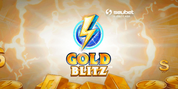 Banner promocional para análise do jogo de cassino online Gold Blitz na plataforma Seubet. No centro, destaca-se um ícone de raio azul e dourado dentro de um círculo brilhante. Logo abaixo, o título "GOLD BLITZ" aparece em letras 3D metálicas. O cenário de fundo é dominado por pilhas de moedas de ouro, barras de ouro e símbolos de cifrão flutuantes, tudo sob uma iluminação amarela intensa com efeitos de eletricidade. No topo central, encontra-se o logotipo da Seubet. Arte focada em reviews de caça-níqueis (slots) com temática de riqueza e energia.