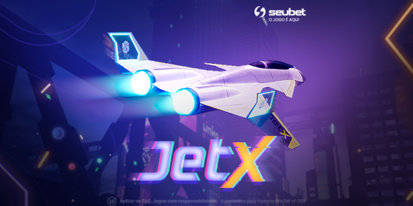 Banner promocional do jogo de cassino online JetX na plataforma Seubet. A imagem de fundo exibe uma cidade noturna futurista com luzes neon. No centro, um jato branco com turbinas brilhantes azuis voa para a direita. Logo abaixo do avião, destaca-se o nome "JetX" em letras grandes e coloridas. No canto superior direito, aparece o logotipo da Seubet com o slogan "o jogo é aqui". Arte focada no popular jogo da categoria "crash".