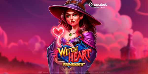 Banner promocional do jogo de cassino online Witch Heart Megaways na plataforma Seubet. A imagem destaca no centro uma bruxa usando chapéu e vestido em tons de roxo, segurando um coração de energia mágica brilhante. Logo abaixo, o título vibrante do jogo. O cenário de fundo apresenta uma atmosfera de fantasia e Halloween com céu em tons intensos de rosa e vermelho, uma árvore de feições assustadoras à esquerda e uma casa mal-assombrada no alto de uma colina à direita, iluminada por uma grande lua. No canto superior direito, encontra-se o logotipo da Seubet. Arte focada em caça-níqueis e slots temáticos.