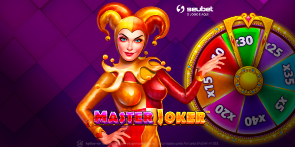 Banner promocional do jogo de cassino online Master Joker na plataforma Seubet. No centro da arte, uma personagem feminina sorridente vestida de boba da corte (joker), com traje clássico em vermelho e dourado, aponta para uma grande roleta colorida cheia de multiplicadores de prêmios (destacando o multiplicador x30 em verde) localizada à direita. Abaixo da personagem, o título "MASTER JOKER" ganha destaque em vibrantes letras 3D coloridas. À esquerda, barras de ouro aparecem levemente desfocadas. O fundo exibe um elegante padrão geométrico de losangos em tons de roxo escuro. No topo central, encontra-se o logotipo da Seubet. Arte focada em jogos de caça-níqueis (slots) com temática de curinga e multiplicadores.