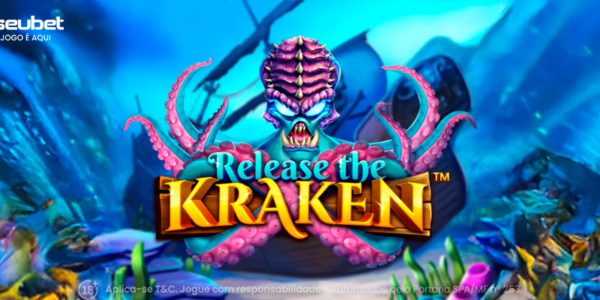 Banner promocional do jogo de slot Release the Kraken da SeuBet. A ilustração destaca o lendário monstro marinho Kraken, desenhado em tons de roxo e azul, com seus tentáculos abraçando uma placa de madeira que exibe o logotipo do jogo. O cenário de fundo é o fundo do oceano profundo, repleto de navios naufragados, corais coloridos e vida marinha. Focado na matéria de análise técnica e review para cassino online.