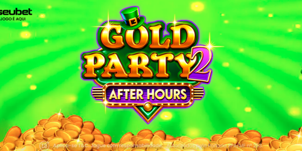 Banner promocional do jogo de slot Gold Party 2: After Hours da SeuBet. A ilustração destaca o logotipo do jogo em letras douradas e brilhantes, com um clássico chapéu verde de leprechaun no topo. O cenário apresenta um fundo verde luminoso com raios de luz, exibindo elementos da sorte irlandesa como uma ferradura com trevos de quatro folhas, uma pequena harpa e uma grande montanha de moedas de ouro na parte inferior. Imagem focada na matéria de análise técnica e review para cassino online.