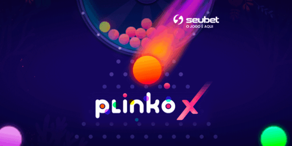 Banner promocional para análise do jogo de cassino online Plinko X na plataforma o SeuBet. No centro da arte, uma esfera laranja brilhante desce em alta velocidade com rastro de cometa em direção ao logotipo "Plinko X", escrito em letras brancas arredondadas com detalhes coloridos. O fundo em tons de roxo profundo exibe silhuetas de folhagens e diversas esferas luminosas coloridas em efeito bokeh. No topo central, encontra-se o logotipo do SeuBet. Arte focada em reviews de jogos de apostas instantâneas e mecânica de queda com multiplicadores.