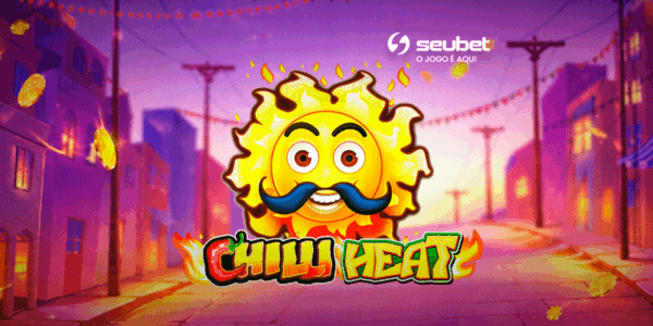 Banner promocional para análise do jogo de cassino online Chili Heat no SeuBet. No centro, destaca-se a ilustração de um sol sorridente com bigode mexicano posicionado acima do título "Chili Heat" em chamas. O cenário de fundo retrata uma rua de vila mexicana festiva ao entardecer, decorada com bandeirinhas e moedas de ouro flutuando pelo ar. No topo central, encontra-se o logotipo do SeuBet. Arte focada em reviews de caça-níqueis (slots) com temática mexicana.