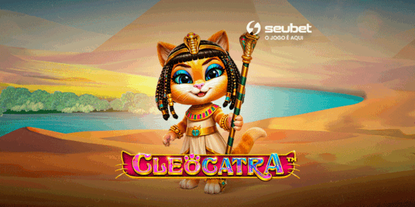 Banner promocional para análise do jogo de cassino online Cleocatra na plataforma Seubet. No centro, destaca-se a carismática personagem principal: uma gata estilizada como Cleópatra, vestindo trajes reais egípcios e segurando um cajado dourado. O cenário de fundo retrata uma paisagem do Antigo Egito com dunas de areia, as pirâmides ao longe e o Rio Nilo com palmeiras. O título "CLEOCATRA" aparece em destaque com letras roxas e douradas. No topo central, encontra-se o logotipo da Seubet. Arte focada em reviews de caça-níqueis (slots) com temática egípcia e pets.