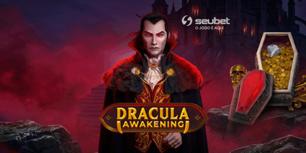 Banner promocional para análise do jogo de cassino online Dracula Awakening na plataforma Seubet. No centro, destaca-se o personagem Conde Drácula com olhos vermelhos brilhantes e trajes nobres em vermelho e dourado. À direita, um caixão aberto revela um tesouro em moedas de ouro e uma pedra preciosa, cercado por crânios dourados. O título "Dracula Awakening" aparece em uma moldura estilizada. O cenário de fundo é sombrio, com névoa avermelhada e a silhueta de um castelo sob o céu noturno. No topo central, encontra-se o logotipo da Seubet. Arte focada em reviews de caça-níqueis (slots) com temática de terror e vampiros.