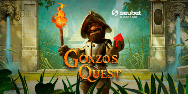 Banner promocional para análise do jogo de cassino online Gonzo's Quest na plataforma Seubet. No centro, destaca-se o personagem Gonzo, um conquistador espanhol, segurando uma tocha acesa em uma mão e um rubi vermelho na outra. O cenário ao fundo retrata a entrada de um templo maia na selva, com fontes de água jorrando de máscaras de pedra. O título "Gonzo's Quest" aparece em letras douradas trabalhadas. No topo central, encontra-se o logotipo da Seubet. Arte focada em reviews de caça-níqueis (slots) com temática de aventura e exploração.