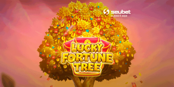 Banner promocional para análise do jogo de cassino online Lucky Fortune Tree no SeuBet. No centro, destaca-se uma árvore dourada carregada de envelopes vermelhos e moedas de ouro. Logo abaixo, o título "LUCKY FORTUNE TREE" aparece em letras douradas vibrantes. O cenário de fundo retrata uma floresta enevoada em tons de rosa e laranja ao pôr do sol. No topo central, encontra-se o logotipo do SeuBet. Arte focada em reviews de caça-níqueis (slots) com temática oriental de sorte.