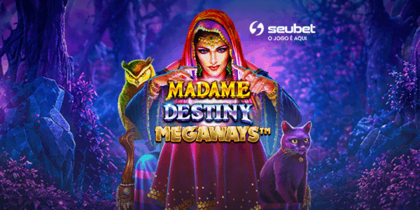Banner promocional para análise do jogo de cassino online Madame Destiny Megaways na plataforma Seubet. No centro, destaca-se a vidente Madame Destiny usando um véu vermelho, acompanhada por uma coruja dourada à esquerda e um gato preto à direita. Logo abaixo, o título "MADAME DESTINY MEGAWAYS" aparece em letras estilizadas e brilhantes. O cenário de fundo retrata uma floresta mística e nebulosa à noite em tons de roxo e azul, com velas acesas em primeiro plano e uma figura segurando uma lanterna ao fundo. No topo central, encontra-se o logotipo da Seubet. Arte focada em reviews de caça-níqueis (slots) com temática de misticismo e clarividência.