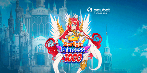 Banner promocional para análise do jogo de cassino online Starlight Princess 1000 no SeuBet. No centro, destaca-se a personagem Starlight Princess, uma princesa estilo anime com asas brancas e cabelos vermelhos. Logo abaixo, o título "STARLIGHT PRINCESS 1000" aparece em cores vibrantes e neon. O fundo apresenta um majestoso castelo nas nuvens sob um céu azul claro. No topo central, encontra-se o logotipo do SeuBet. Arte focada em reviews de caça-níqueis (slots) com temática de fantasia e anime.