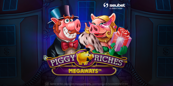 Banner promocional do jogo de slot Piggy Riches Megaways na plataforma Seubet. No centro da arte, destacam-se dois personagens de porcos ricos e ostentadores: ele vestindo cartola e gravata borboleta, e ela usando óculos cor-de-rosa, estola de pele e segurando um presente. Logo abaixo, o título do jogo brilha em letras douradas e roxas, acompanhado da figura de um cofrinho. O fundo escuro mostra a fachada de uma mansão luxuosa com notas de dinheiro flutuando ao redor. No topo direito, o logo da Seubet. Arte focada em jogos de caça-níqueis de cassino online.