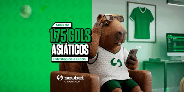 Banner educacional com estratégias de apostas esportivas no SeuBet. No centro, destaca-se o grande título "Mais de 1.75 GOLS ASIÁTICOS", acompanhado do botão "Estratégias e Dicas". À direita, a mascote do SeuBet, uma capivara de óculos escuros e camisa branca personalizada, está sentada em uma poltrona de couro segurando um smartphone. Ao fundo, um escritório moderno com uma camisa de futebol emoldurada e um computador exibindo a tela de cotações da plataforma. Na parte inferior, encontra-se o logotipo do SeuBet. Arte focada em tutoriais e mercado de gols no futebol.