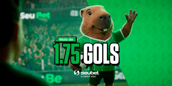 Banner educacional sobre apostas esportivas para o SeuBet. No centro, a mascote capivara vestindo uniforme de futebol verde segura uma bola sob o braço direito e exibe um smartphone com a mão esquerda. Ao centro, destaca-se o título "Mais de 1.75 GOLS ASIÁTICOS", posicionado acima do botão "Estratégias e Dicas". O fundo divide-se diagonalmente: à esquerda, uma imagem escurecida de um jogador chutando uma bola em um estádio; à direita, um fundo verde texturizado. No topo central, encontra-se o logotipo do SeuBet. Arte focada em tutoriais do mercado de gols asiáticos.