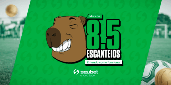 Banner educacional sobre apostas esportivas no SeuBet. No centro, a mascote capivara vestida com uniforme de futebol verde posa com um pé sobre a bola próxima a uma bandeira de escanteio verde. Em destaque, o título "Mais de 8.5 ESCANTEIOS", seguido pelo botão "Como funciona?". O cenário é um grande estádio de futebol iluminado à noite. No topo central, encontra-se o logotipo do SeuBet. Arte focada em tutoriais e mercado de escanteios.
