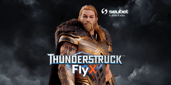 Banner promocional sobre o jogo de cassino Thunderstruck FlyX no SeuBet. No centro, destaca-se a figura de um guerreiro nórdico 3D com cabelos e barba loiros, vestindo uma armadura dourada com detalhes em pele, semelhante a Thor. Logo abaixo do personagem, o logotipo oficial "THUNDERSTRUCK FlyX" é iluminado por efeitos de raios azuis. O cenário de fundo é composto por nuvens densas e escuras de tempestade. Próximo ao topo, encontra-se o logotipo do o SeuBet. Arte focada em análise do jogo de slot e crash game.
