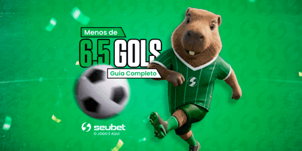 Banner educacional de apostas esportivas no o SeuBet. No centro, a mascote capivara vestindo uniforme de futebol verde chuta uma bola em direção ao espectador. Logo ao lado, destaca-se o título "Menos de 6.5 GOLS" posicionado acima do botão "Guia Completo". O cenário de fundo exibe um campo de futebol verde com confetes caindo. Na base, encontra-se o logotipo do o SeuBet. Arte focada em tutoriais do mercado de gols.